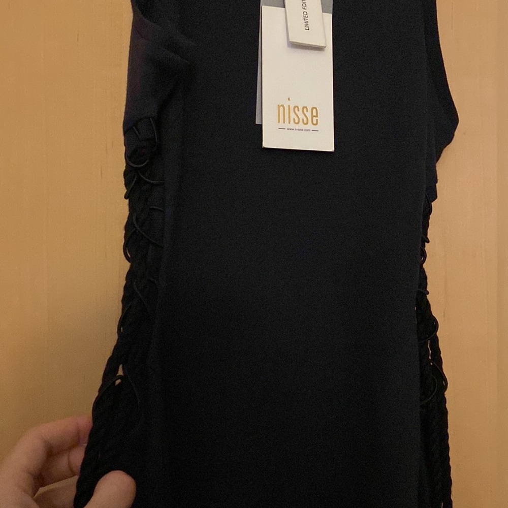 NWT NISSE Elbise Dragon maxi slit tank Dress side lace cutout ropes Navy Blue - Picture 10 of 17